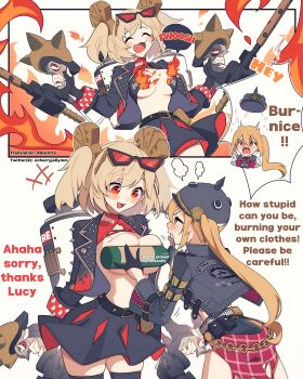 absurdres black_gloves black_jacket black_skirt blonde_hair breast_press breasts burnice_white burning burning_clothes burnt_clothes commentary english_text eyewear_on_head flamethrower gloves hard-translated helmet highres holding holding_flamethrower holding_weapon jacket long_hair luciana_de_montefio miri_(cherryjelly) open_mouth red_eyes side_ponytail skirt smile speech_bubble sunglasses third-party_edit topless_female weapon zenless_zone_zero