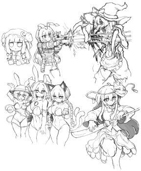 Rule 34 | 6+girls, absurdres, animal ear fluff, animal ears, apron, armor, bow, bowtie, braid, breasts, cat ears, cat tail, character doll, claws, cleavage, commentary, dead space (series), doll, dress, eyeball, firing, fox mask, fumo (doll), gloves, greyscale, gun, hat, hat bow, hata no kokoro, highres, holding, holding gun, holding polearm, holding weapon, kaenbyou rin, kirisame marisa, komeiji koishi, korean commentary, large breasts, long hair, looking at viewer, mask, mask on head, monochrome, monster, monsterification, multiple girls, multiple tails, naginata, necromorph, nekomata, patchouli knowledge, playboy bunny, pointy ears, polearm, rabbit ears, rabbit girl, rabbit pose, rampa93, reisen udongein inaba, reiuji utsuho, shirt, side braid, single braid, skirt, strapless, strapless dress, tail, third eye, third eye on chest, touhou, twin braids, two tails, very long hair, waist apron, weapon, witch hat