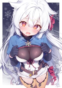 1girl @_@ absurdres animal_ears artist_name belt belt_pouch black_gloves blush bodystocking border breasts breath brown_belt charm_(object) cleavage clothing_cutout commentary_request e-note flower fur-trimmed_leotard fur_trim fuyuka_(stella_sora) gloves grey_background hair_between_eyes hair_flower hair_ornament hands_on_own_chest hands_up highres leotard long_hair long_sleeves looking_at_viewer medium_breasts open_mouth orange_eyes pantyhose pantyhose_cutout pom_pom_(clothes) pouch see-through_cleavage see-through_clothes shrug_(clothing) sidelocks snow snowflake_ornament snowflakes snowing snowman solo standing stella_sora tearing_up thighs very_long_hair white_border white_hair