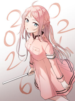 Rule 34 | 1girl, ahoge, blue eyes, blush, breast pocket, breasts, coat dress, commentary request, dated, dress, feet out of frame, glowstick, gradient background, grey background, highres, holding, holding glowstick, ibboshi, looking at viewer, love live!, love live! nijigasaki high school idol club, medium breasts, medium dress, open mouth, penlight (glowstick), pink dress, pink hair, pocket, ryouran! victory road (love live!), sidelocks, solo, text background, two side up, zhong lanzhu