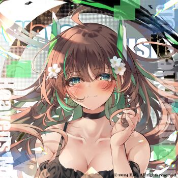 album_cover angel black_choker black_dress blush breasts brown_hair choker cleavage collarbone cover cross dress earrings eyes_visible_through_hair flower gradient_hair green_eyes green_hair hair_between_eyes hair_flowing_over half-closed_eyes halo heaven's_melody highres horns jewelry kyokko large_breasts looking_at_viewer multicolored_hair original playing_with_hair text_background white_flower white_horns