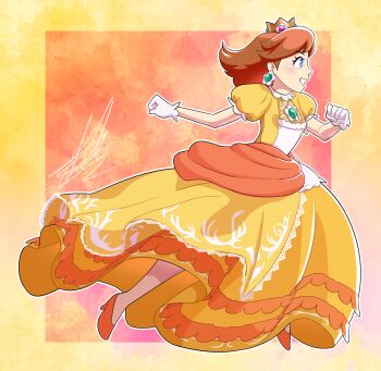 Rule 34 | 1girl, blue eyes, brown hair, crown, dress, earrings, eddlayer, flower earrings, from side, gloves, high heels, highres, jewelry, long hair, mario (series), nintendo, orange dress, orange shoes, princess daisy, puffy short sleeves, puffy sleeves, running, shoes, short sleeves, signature, super smash bros., white gloves