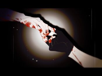 Rule 34 | 2boys, black gloves, blood, blood on arm, blood on hands, bridal gauntlets, chinese commentary, commentary request, drop shadow, fingerless gloves, fingernails, gatling pea (plants vs. zombies), gloves, hand focus, hand size difference, holding hands, letterboxed, light particles, male focus, multiple boys, personification, plants vs. zombies, plants vs. zombies 2, shadow peashooter (plants vs. zombies), siiiiiiiiiii, simple background, vignetting, white background, white bridal gauntlets