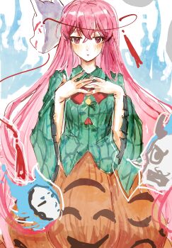 Rule 34 | 1girl, blush, bow, bowtie, chinese commentary, commentary request, fox mask, ge dazuo, green shirt, hata no kokoro, highres, long hair, long sleeves, looking at viewer, mask, mask on head, orange skirt, own hands together, pink eyes, pink hair, plaid clothes, plaid shirt, red bow, red bowtie, shirt, sketch, skirt, solo, touhou, very long hair, wide sleeves