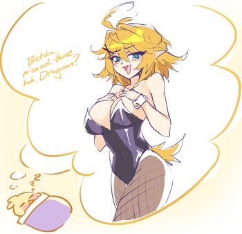 Rule 34 | 1girl, :d, alternate breast size, antenna hair, bare arms, bare shoulders, black leotard, blonde hair, blue eyes, breasts, commentary, dokibird, dragoon (dokibird), dreaming, english commentary, english text, eyes visible through hair, fangs, fishnet pantyhose, fishnets, hair between eyes, hair ornament, hands on own chest, highres, imagining, indie virtual youtuber, large breasts, leotard, looking at viewer, medium hair, open mouth, pantyhose, ricegnat, simple background, sketch, skin fangs, sleeping, smile, solo, tail, virtual youtuber, wrist cuffs, x hair ornament, zzz