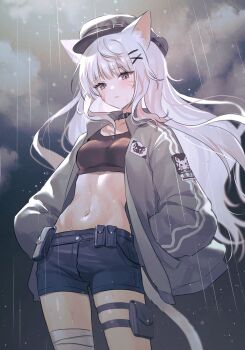 1girl animal_ears bandaged_leg bandages belt_pouch black_choker black_eyes black_hat black_shirt blue_shorts breasts cat_ears cat_tail choker cowboy_shot crop_top facial_mark fymrie grey_jacket hair_ornament hairclip hands_in_pockets hat highres jacket long_hair long_sleeves looking_at_viewer medium_breasts midriff navel open_clothes open_jacket original parted_lips peaked_cap pouch puffy_long_sleeves puffy_sleeves rain shirt short_shorts shorts solo stomach tail thigh_strap very_long_hair wet white_hair x_hair_ornament