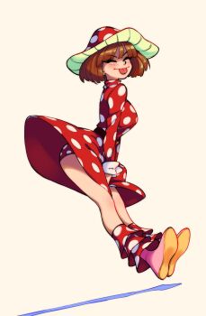 1girl artist_collaboration badlavender blush boku_no_hero_academia breasts brown_eyes brown_hair closed_eyes clothes_lift commentary dress dress_lift english_commentary full_body fur_trim hair_over_one_eye hat highres komori_kinoko long_sleeves medium_breasts mushroom_hat panties pink_shoes polka_dot polka_dot_dress polka_dot_headwear polka_dot_panties red_dress shoes short_hair solo suoiresnu tongue tongue_out underwear wind wind_lift