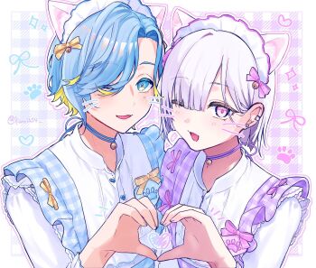 2boys animal_ears apron bishounen blonde_streaks blue_eyes blue_hair border cat_ears choker collared_shirt drawn_whiskers earrings fake_animal_ears hair_over_one_eye heart heart_hands heart_hands_duo highres jewelry long_sleeves looking_at_viewer maid_headdress male_focus mole mole_under_eye multicolored_hair multiple_boys nijisanji official_alternate_costume one_eye_closed outline paw_print plaid_background purple_eyes ribbon shinomiya_yuno shirose_isumi shirt smile streaked_hair two-tone_hair upper_body virtual_youtuber white_hair white_shirt yotsuba_kuro