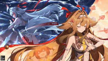 2girls absurdres alternate_form animal_ears armlet bare_shoulders black_hair blush breasts brown_hair china_dress chinese_clothes cleavage closed_mouth commentary_request detached_sleeves dress droopy_ears foot_out_of_frame gradient_hair hair_intakes hair_ornament hairband highres horse_girl horse_tail jewelry jfzm001 leg_tattoo long_hair looking_at_viewer medium_breasts multicolored_hair multiple_girls red_eyes red_hair red_ribbon ribbon silver_armlet sleeveless sleeveless_dress smile streaked_hair sword tail tattoo thighs very_long_hair weapon white_dress white_hair white_hairband white_tail ye_shunguang zenless_zone_zero