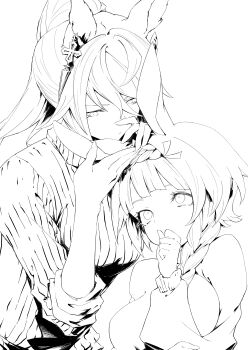 2girls absurdres animal_ears blush braid breasts closed_mouth commentary_request commission crown_braid eargasm earrings glasses greyscale hair_between_eyes hair_ornament hasukurira highres horse_ears horse_girl jewelry large_breasts long_hair long_sleeves monochrome multiple_girls pixiv_commission ponytail shirt short_hair simple_background single_earring sweater symboli_kris_s_(umamusume) torogao turtleneck umamusume uncommon_stimulation yuri zenno_rob_roy_(umamusume)