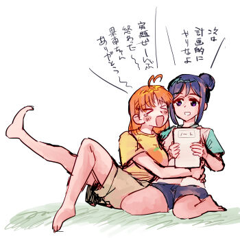 &gt;_&lt; 2girls :d absurdres ahoge aqua_sleeves barefoot blue_hair blue_shorts commentary_request full_body hair_bun heart heart_ahoge highres holding holding_notebook love_live! love_live!_sunshine!! matsuura_kanan medium_hair multiple_girls muma_(meganeltuko) notebook open_mouth orange_hair purple_eyes raised_inner_eyebrows shirt short_hair short_sleeves shorts sidelocks simple_background single_hair_bun sitting smile takami_chika wariza white_background white_shirt xd yellow_shirt
