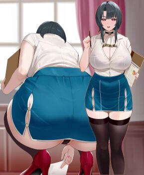 1girl ascot black_hair black_panties black_thighhighs blue_skirt blurry blurry_background bra_visible_through_clothes breasts cleavage clipboard collared_shirt commentary_request curtains dress_shirt from_behind high_heels highres holding holding_clipboard holding_pencil indoors kantai_collection kusaka_souji lace lace_panties large_breasts looking_at_viewer military military_uniform miniskirt multiple_views open_mouth panties parted_bangs partially_unbuttoned pencil picking_up pink_nails red_eyes see-through_clothes shirt shirt_tucked_in short_hair sidelocks skirt squatting takao_(kancolle) thighhighs underwear upskirt white_ascot white_shirt window