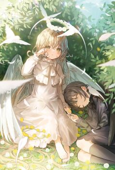 2girls absurdres angel angel_wings barefoot bird black_bow black_dress black_hair black_socks blonde_hair bow closed_eyes day dress falling_feathers feathers fetal_position flower hair_between_eyes hand_on_own_face highres kaisake_(utp) kneehighs lens_flare light_blush liver_city long_hair long_sleeves looking_at_viewer lying multiple_girls on_ground on_side original outdoors parted_lips plant shade sidelocks sitting sleeping socks sunlight very_long_hair white_bow white_dress white_flower white_wings wings yellow_eyes yellow_flower
