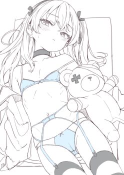 1girl blue_bra blue_panties bow bow_bra bow_panties bra collarbone commentary_request double-parted_bangs expressionless flat_chest garter_belt garter_straps girls_und_panzer hair_between_eyes highres hood hoodie lineart loli long_hair looking_at_viewer monochrome navel open_clothes open_hoodie osanai_sanday outside_border panties shimada_arisu sidelocks simple_background spot_color striped_clothes striped_thighhighs stuffed_animal stuffed_toy teddy_bear thighhighs underwear white_background