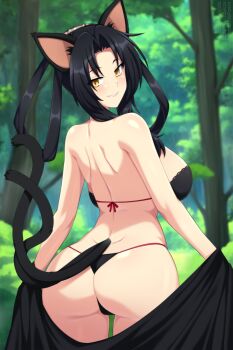 1girl animal_ears ass black_bra black_hair black_panties blurry blurry_background bra breasts cat_ears cat_girl cat_tail female_focus forest high_school_dxd highres kuroka_(high_school_dxd) large_breasts lindaroze lingerie looking_at_viewer looking_back multiple_tails nature outdoors panties parted_lips sideboob smile solo tail thong two_tails underwear underwear_only yellow_eyes