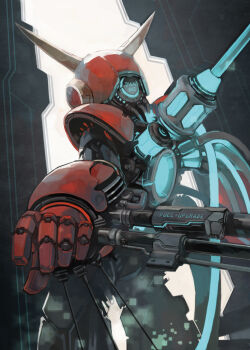 1boy aikawa_(jet_enter) commentary_request english_text from_behind helmet male_focus mega_man_(classic) mega_man_(series) mega_man_2 quick_man robot solo wire