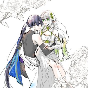 1boy 1girl adapted_costume aged_up alternate_hair_length alternate_hairstyle aqua_trim armor bare_shoulders black_bodysuit black_shorts blue_cape blunt_ends bodysuit braid bridal_gauntlets cape closed_mouth collarbone colored_tips commentary_request couple dress eyelashes flat_chest floral_border flower furisode genshin_impact gold_trim gradient_hair green_eyes green_hair grey_bridal_gauntlets grey_hair hair_between_eyes hair_tie halterneck hetero highres japanese_armor japanese_clothes kimono kote kurokote leaf long_hair long_sleeves looking_at_viewer multicolored_hair nahida_(genshin_impact) pointy_ears purple_eyes purple_sash rose sash scaramouche_(genshin_impact) shimizumikann shorts showgirl_skirt side_braids side_cape sideways_mouth single_off_shoulder turtleneck turtleneck_bodysuit twin_braids very_long_hair wanderer_(genshin_impact) white_background white_dress white_flower white_hair white_kimono white_rose white_sleeves white_trim