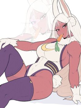 1girl :o animal_ears bare_shoulders boku_no_hero_academia breasts carrot clothing_cutout commentary covered_abs covered_navel crescent_print dark-skinned_female dark_skin english_commentary food_in_mouth fur_collar gloves hand_on_own_knee hand_rest highleg highleg_leotard highres knee_up large_breasts leotard long_eyelashes long_hair looking_at_viewer mirko parted_bangs pochitaart purple_thighhighs rabbit_ears rabbit_girl rabbit_tail red_eyes shadow side_ponytail sitting solo tail tail_through_clothes taut_leotard thick_thighs thighhighs thighs toned toned_female very_long_hair white_gloves white_hair white_leotard zoom_layer