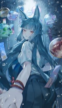 1girl absurdres alternate_costume black_hair black_skirt blunt_bangs highres hoshimi_miyabi long_hair looking_at_viewer looking_back naengbi1008 parted_lips pov rain reaching reaching_towards_viewer red_eyes shirt skirt solo wet wet_clothes wet_shirt white_shirt wind_chime zenless_zone_zero