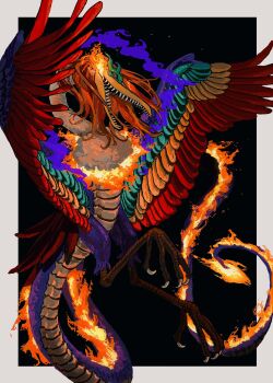 1boy bird bisphonate black_background black_eyes colored_sclera dragon_tail fire flying full_body hagoromo highres itsumade_(youkai) long_hair male_focus marcus_mars monster multicolored_feathers no_humans one_piece open_mouth orange_hair sharp_teeth shawl solo tail talons teeth yellow_sclera