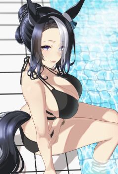 1girl animal_ears bikini black_hair breasts cleavage hair_bun highres horse_ears horse_girl horse_tail large_breasts lips long_hair looking_at_viewer matuda_(matudayazo) mejiro_ramonu_(umamusume) mole mole_under_eye multi-strapped_bikini_top multicolored_hair poolside purple_eyes shirt side-tie_bikini_bottom smile solo streaked_hair swimsuit tail umamusume water white_shirt
