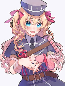 1boy alternate_hairstyle armor belt belt_buckle black_dress black_hat black_necktie blonde_hair blue_eyes blush bow brown_belt buckle buttons collared_shirt cowboy_shot double-breasted dress enon_kt flower_knot frilled_sleeves frills grey_background hair_between_eyes hair_bow hat highres interlocked_fingers japanese_armor kote long_hair looking_at_viewer male_focus midare_toushirou necktie open_mouth outline pink_bow puffy_short_sleeves puffy_sleeves shirt short_sleeves shoulder_armor simple_background single_sode sode solo touken_ranbu trap two_side_up white_outline wing_collar