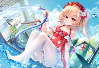 1girl :o absurdres bare_shoulders blonde_hair blue_sky bow breasts chinese_commentary cloud cloudy_sky commentary dot_nose flandre_scarlet foot_out_of_frame guzangnanfeng hair_ornament hairband highres holding holding_hose hose loli looking_at_viewer no_shoes off_shoulder outdoors pantyhose poolside rabbit_hair_ornament red_bow red_eyes red_hairband see-through_clothes see-through_socks sitting sky small_breasts socks thighs touhou tree twintails wet wet_clothes white_pantyhose