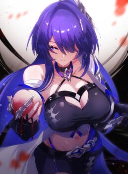 00_samei 1girl absurdres acheron_(honkai:_star_rail) bandaged_arm bandages bare_shoulders black_background black_gloves black_shorts blood blood_drip blood_stain blurry breasts cleavage closed_mouth collarbone commentary_request crop_top depth_of_field food fruit gloves hair_intakes hair_over_one_eye highres holding holding_food holding_fruit honkai:_star_rail honkai_(series) large_breasts light_particles long_hair looking_at_viewer midriff navel partially_fingerless_gloves peach purple_eyes purple_hair short_shorts shorts single_bare_shoulder smile solo standing sword thighs very_long_hair weapon white_background