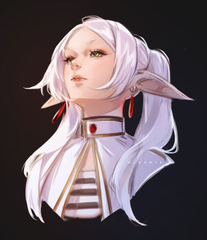 1girl absurdres artist_name black_background capelet closed_mouth commentary cropped_torso earrings elf english_commentary frieren green_eyes highres jewelry lips long_hair looking_up meme minemir parted_bangs pointy_ears simple_background solo sousou_no_frieren teardrop_earrings twintails upper_body upward_angle_frieren_drawing_(meme) white_capelet white_hair