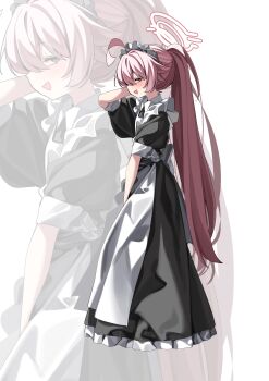 Rule 34 | 1girl, absurdres, ahoge, alternate costume, apron, arm behind head, back bow, between legs, black dress, blue archive, blue eyes, blush, bow, dress, enmaided, frilled dress, frills, from side, full body, halo, hand between legs, highres, hoshino (blue archive), long hair, maid, maid apron, maid headdress, open mouth, pink hair, pink halo, ponytail, puffy short sleeves, puffy sleeves, rirua (kjom802), short sleeves, solo, standing, white bow, zoom layer