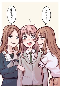 3girls @_@ absurdres anger_vein arm_hug bang_dream! bang_dream!_it&#039;s_mygo!!!!! blue_shirt blush chihaya_anon clothes_around_waist commentary_request fang girl_sandwich grey_neckerchief haneoka_school_uniform highres multiple_girls nagasaki_soyo neckerchief open_mouth parted_lips polygamy sailor_collar sandwiched school_uniform shibadooog shirt simple_background smile speech_bubble sweater sweater_around_waist tears translation_request tsukinomori_school_uniform white_sailor_collar white_shirt yellow_background yuri