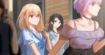 Rule 34 | 4girls, absurdres, bag, bang dream!, bang dream! it's mygo!!!!!, black choker, blonde hair, blue shirt, blush, choker, closed mouth, commentary, green eyes, grey shirt, hair between eyes, hanasakigawa school uniform, highres, medium hair, misumi uika, multiple girls, off-shoulder shirt, off shoulder, purple eyes, purple hair, sailor collar, school uniform, serafuku, shirt, short sleeves, shoulder bag, white sailor collar, xinyi6239222644, yahata umiri, yuutenji nyamu