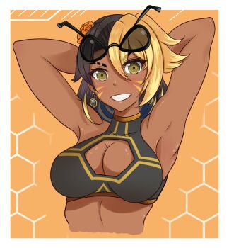 1girl antennae arms_behind_head avispa_nectarinia black-framed_eyewear black_hair black_sports_bra blonde_hair breasts brown_eyes cleavage dark-skinned_female dark_skin eyewear_on_head ghrawne grin highres honeycomb_(pattern) honeycomb_background indie_virtual_youtuber large_breasts looking_at_viewer multicolored_hair orange_background outside_border smile solo split-color_hair sports_bra two-tone_hair virtual_youtuber