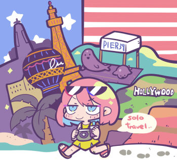1girl american_flag bare_arms bare_legs bare_shoulders blue_eyes blue_hair blush_stickers brown_sandals camera camera_around_neck check_copyright city closed_mouth colored_inner_hair commentary_request copyright_request cup deformed disposable_cup dress drink drinking_straw eiffel_tower english_text eyewear_on_head footprints full_body holding holding_camera holding_drink hollywood_sign looking_ahead multicolored_hair original palm_tree pink_hair pleated_skirt sandals seal_(animal) short_dress short_hair skirt sleeveless sleeveless_dress smile solo speech_bubble sunglasses terada_tera toes tree triangular_eyewear united_states v-shaped_eyebrows walking yellow_dress