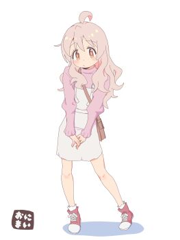 Rule 34 | 1girl, :/, absurdres, ahoge, bag, bare legs, blush, boots, brown eyes, commentary, copyright name, full body, highres, jibijibipen, long hair, long sleeves, looking at viewer, onii-chan wa oshimai!, overall skirt, overalls, oyama mahiro, pink hair, pink shirt, red boots, shirt, shoulder bag, simple background, skirt, solo, standing, wavy hair, white background, white overalls, white skirt