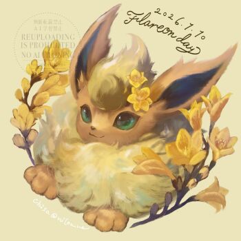 Rule 34 | closed mouth, commentary, dated, flareon, flower, gen 1 pokemon, green eyes, momomo12, nintendo, no humans, orange background, orange flower, pokemon, pokemon (creature), simple background, smile, solo, symbol-only commentary, twitter username