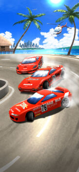 Rule 34 | absurdres, aircraft, airplane, blimp, blue sky, boat, car, city, cityscape, cloud, day, dirigible, helicopter, highres, letroid, motor vehicle, no humans, ocean, outdoors, palm tree, race vehicle, racecar, red car, ridge racer, road, sailboat, sky, tree, vehicle focus, water, watercraft