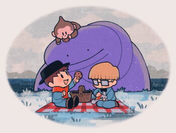 2boys animal aonik basket bow bowtie brown_hair bubble_monkey chibi closed_mouth cookie eating food freckles glasses grass hat holding holding_food jacket jeff_andonuts male_focus monkey mother_(series) mother_2 multiple_boys nintendo opaque_glasses open_mouth outdoors pants red_scarf scarf shoes sky solid_circle_eyes solid_oval_eyes tessie_(mother_2) tony_(mother_2)