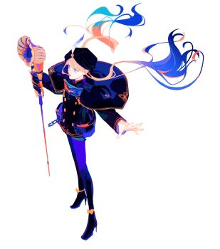 1boy androgynous blue_hair blue_leggings blue_pantyhose epaya_hakase fate/grand_order fate_(series) gradient_hair hat_feather highres leggings military_uniform multicolored_hair naval_uniform nemo_(fate) pants pantyhose solo tight_clothes tight_pants trap turban white_turban