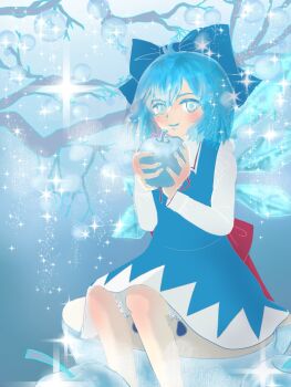Rule 34 | 1girl, apple, back bow, blue apple, blue bow, blue eyes, blue hair, blue vest, blush, bow, branch, cirno, collared shirt, commentary, contrast collar, food, fruit, hair between eyes, hair bow, highres, holding, holding food, holding fruit, looking at viewer, neck ribbon, red bow, red ribbon, rgley, ribbon, shirt, short hair, sitting, solo, sparkle, touhou, tree, vest, white shirt