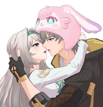 1boy 1girl animal_hat aqua_bow aqua_bowtie arm_around_neck black_gloves black_jacket bow bowtie caelus_(honkai:_star_rail) commentary_request couple doodlinganytime eye_contact face-to-face fingerless_gloves firefly_(honkai:_star_rail) firefly_(spring_missive)_(honkai:_star_rail) gloves green_hairband grey_hair hairband hand_in_another&#039;s_hair hand_on_another&#039;s_head hat hetero highres honkai:_star_rail honkai_(series) hug imminent_kiss jacket long_hair long_sleeves looking_at_another mutual_hug official_alternate_costume open_mouth pink_hat purple_eyes school_uniform shirt short_hair simple_background tearing_up trailblazer_(honkai:_star_rail) upper_body white_background white_shirt yellow_eyes