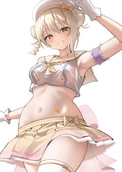 absurdres armpits beret blonde_hair breasts commentary_request double_bun gloves hair_bun hat highres looking_at_viewer love_live! love_live!_nijigasaki_high_school_idol_club medium_breasts midriff miyashita_ai navel simple_background skirt smile thighhighs thighs white_background white_gloves white_hat white_thighhighs yellow_eyes yellow_skirt yuu_(shampoohatslime)