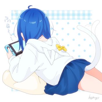 Rule 34 | 1girl, afterimage, alternate hairstyle, animal hood, artist name, bean bag, blue background, blue hair, blue skirt, casual, cat hood, cat tail, commentary, facing away, from behind, handheld game console, hirogaru sky! precure, holding, holding handheld game console, hood, hood down, hoodie, kyanos (b 0000ff), long hair, long sleeves, lying, miniskirt, nintendo switch, on stomach, playing games, polka dot, polka dot background, precure, signature, skirt, sleepy, solo, sora harewataru, sound effects, sound effects only, tail, white hoodie