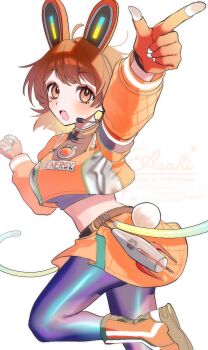 Rule 34 | 1girl, animal ears, blush, brown eyes, brown hair, commentary request, crop top, fake animal ears, fingerless gloves, gakuen idolmaster, gloves, hanami ume, headset, highres, idolmaster, open mouth, pantyhose, rabbit ears, rabbit tail, shine asahi, short hair, skirt, smile, solo, tail