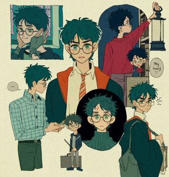 ... 1boy bag black_hair black_robe blue_shirt briefcase broken_eyewear collared_shirt cropped_legs furrowed_brow glasses grey_pants hair_between_eyes hands_on_another&#039;s_cheeks hands_on_another&#039;s_face harry_potter harry_potter_(series) helen_jee highres holding holding_briefcase holding_lantern holding_wand invisible lantern male_focus messy_hair multiple_views necktie open_mouth pants parted_lips plaid_clothes plaid_shirt red_shirt robe round_eyewear scar scar_on_face scar_on_forehead shirt short_hair shoulder_bag solo_focus spoken_ellipsis striped_necktie sweater turtleneck turtleneck_sweater upper_body wand white_shirt wizarding_world