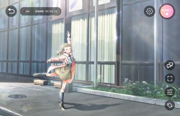 1girl arabesque_(pose) arms_up black_boots black_socks blue_sweater boots brown_skirt closed_mouth coat fake_screenshot full_body game_cg highres kachimachi_kosuzu kachimachi_kosuzu_(winter_casual) kneehighs leg_up link!_like!_love_live! livestream long_sleeves love_live! manhole miniskirt non-web_source official_art open_clothes open_coat pink_coat self-datamine shadow skirt smile socks solo sweater user_interface virtual_youtuber window