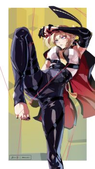 Rule 34 | absurdres, black coat, black nails, blonde hair, breasts, coat, evelyn chevalier, fighting stance, gloves, high-waist pants, highres, mauro unit 1, medium breasts, necktie, pants, partially fingerless gloves, purple eyes, tight clothes, tight pants, toeless legwear, zenless zone zero