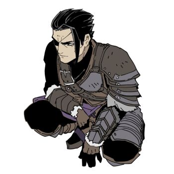 Rule 34 | 1boy, arm guards, armor, belt, black eyes, black hair, brown belt, brown gloves, closed mouth, commentary request, eyepatch, full body, gloves, greaves, hair slicked back, kiriha (wizardry), male focus, narita imomushi, pauldrons, shin guards, short hair, shoulder armor, simple background, single sidelock, solo, squatting, white background, wizardry, wizardry variants daphne