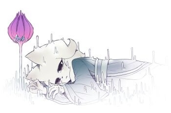 1girl blue_hanfu cat_girl crying empty_eyes fading flower furry furry_female hanfu heng_(nine_sols) highres long_sleeves lying nine_sols on_side parted_lips pink_flower sash simple_background solo spoilers white_background white_fur wide_sleeves yyang_gg