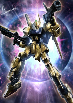 aeug amasaki_yusuke bazooka_(gundam) beam_rifle energy energy_gun explosion glowing gundam hyaku_shiki machinery mecha mecha_focus mobile_suit no_humans red_eyes robot science_fiction signature weapon zeta_gundam